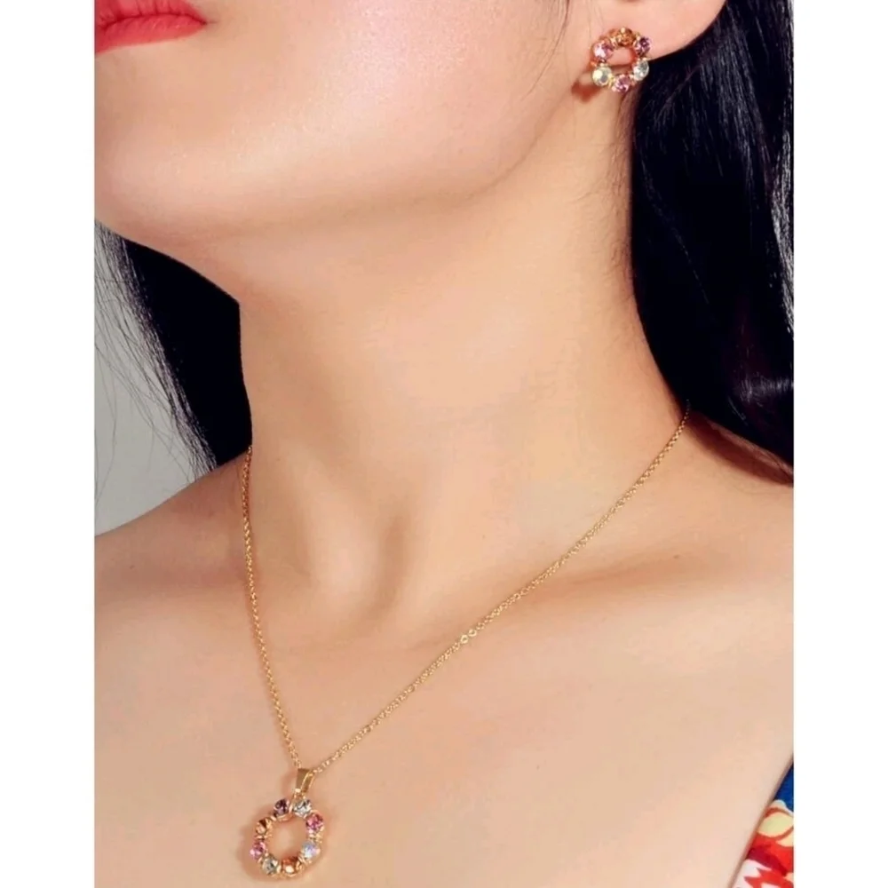 Gold rhinestones Necklace and earrings set dainty Rainbow multicolor 💖